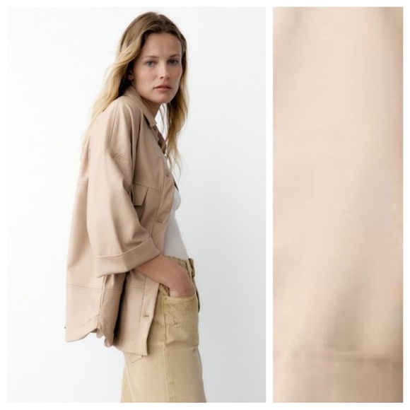 NWT. Zara Beige Faux Leather Overshirt with Chest Pockets. Size S. - Picture 4 of 10